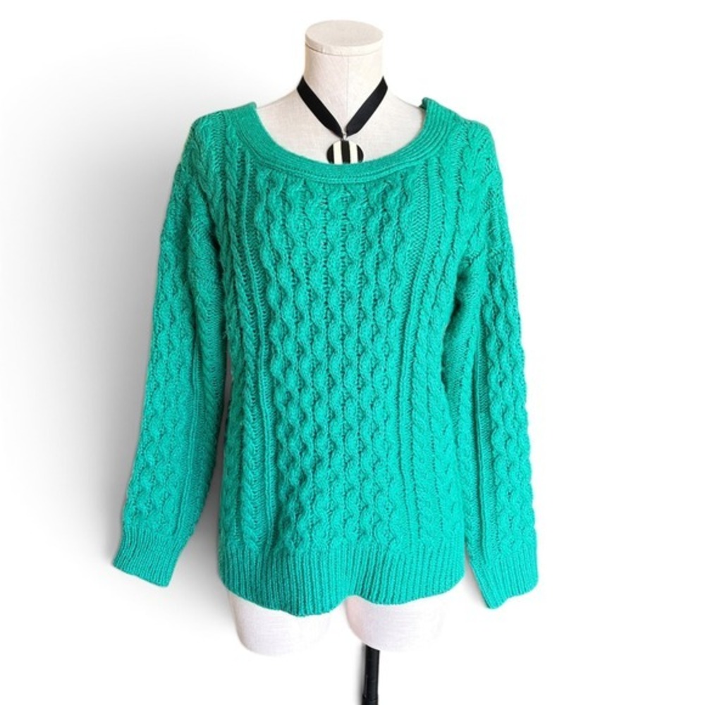 Green Cable Knit Sweater Wool Blend Slouchy Knit Sparkle Sweater S/M